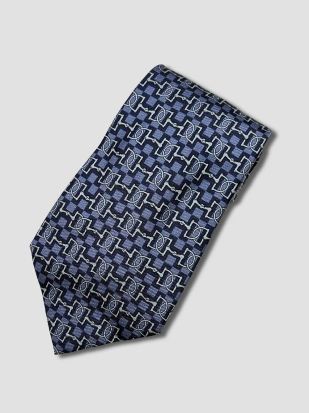 HERMES Light Blue Dark Blue Horsebit Pattern Silk Tie